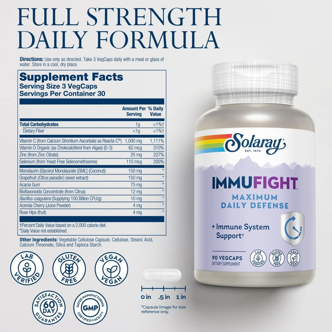 SOLARAY Immufight Maximum Daily Defense, All Day Immune Support, Vitamin C, Vitamin D, Zinc, Probiotics, Monolaurin, Acerola &amp; More, Vegan &amp; Gluten Free, 60 Day Guarantee, 30 Servings, 90 VegCaps - Supplement Facts panel