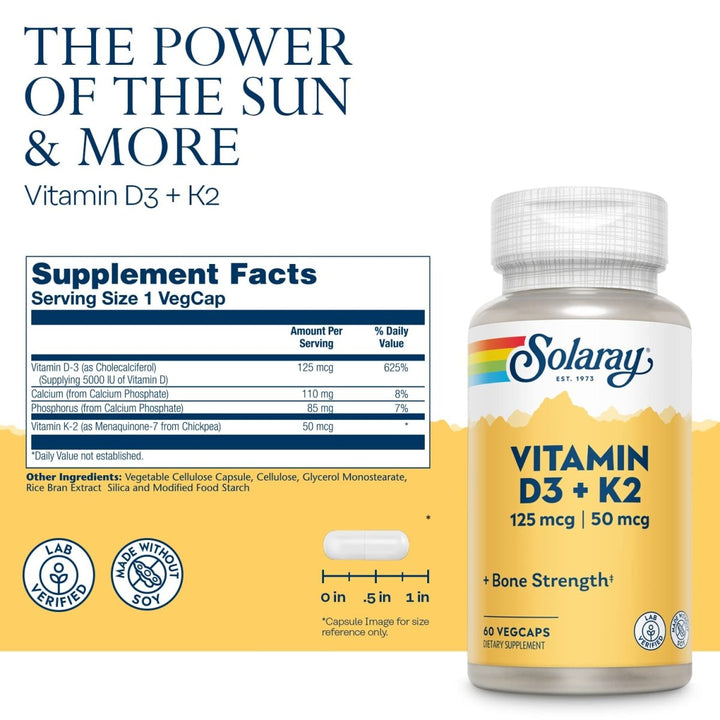 Solaray D3 5000IU with K2 - Vitamin D and K2 Combination - 60 Vegetarian Capsules - Supplement Facts panel