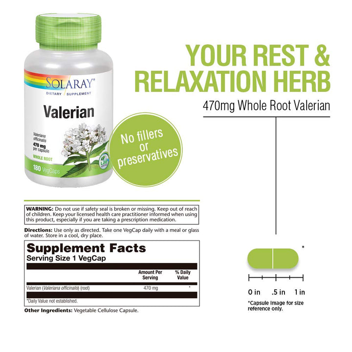 SOLARAY Valerian 470mg | Relaxation Support (180 CT) - Supplement Facts panel