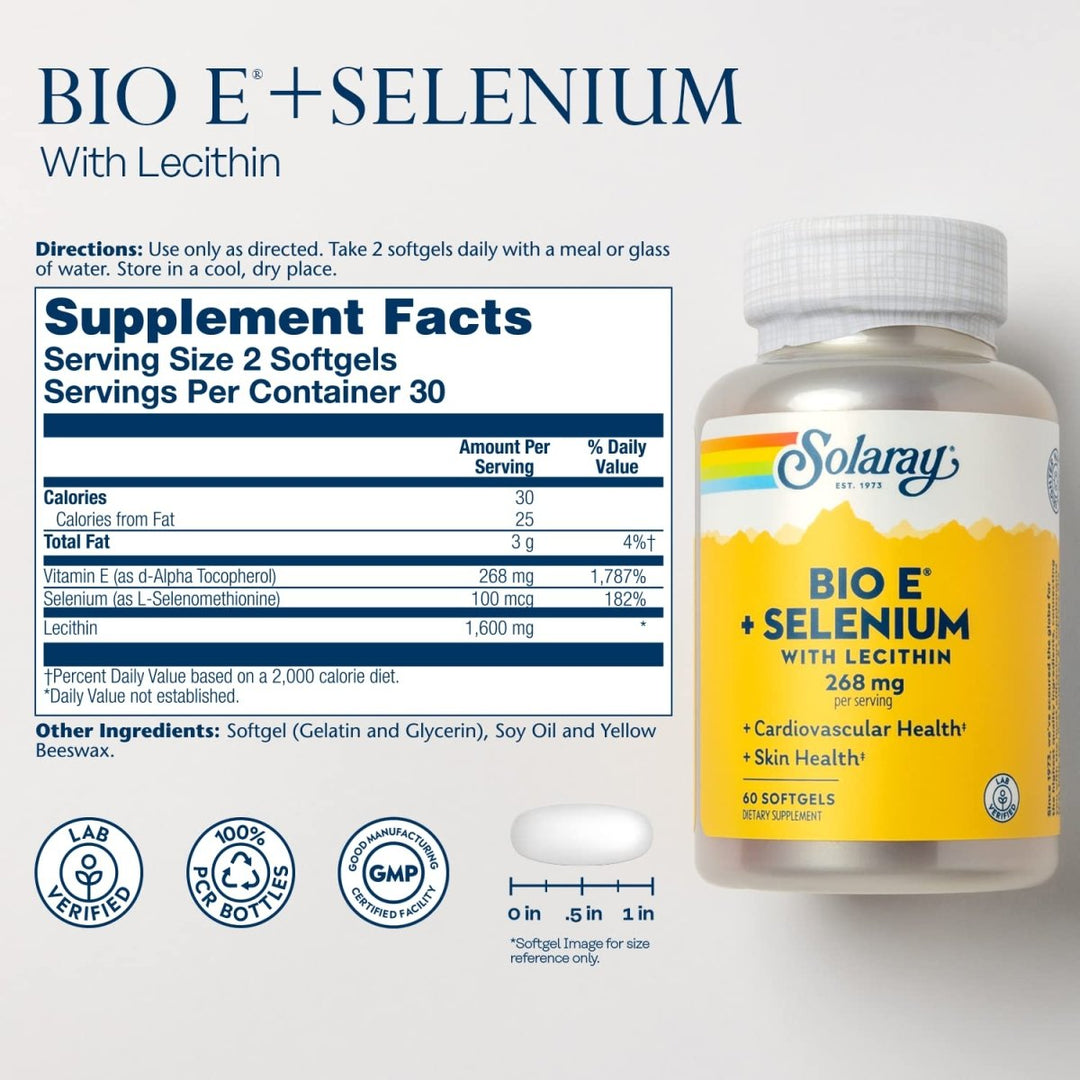 SOLARAY Bio Vitamin E with Selenium, Vitamin E 400 IU Softgels Plus Selenium 100 mcg, Healthy Skin and Heart Support, High Absorption, Lab Verified, 60-Day Guarantee, 30 Servings, 60 Softgels - Supplement Facts panel