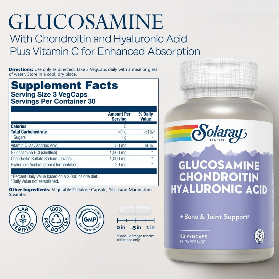 SOLARAY Glucosamine Chondroitin and Hyaluronic Acid, 1500mg/1000mg/20mg 90 Capsules - Supplement Facts panel