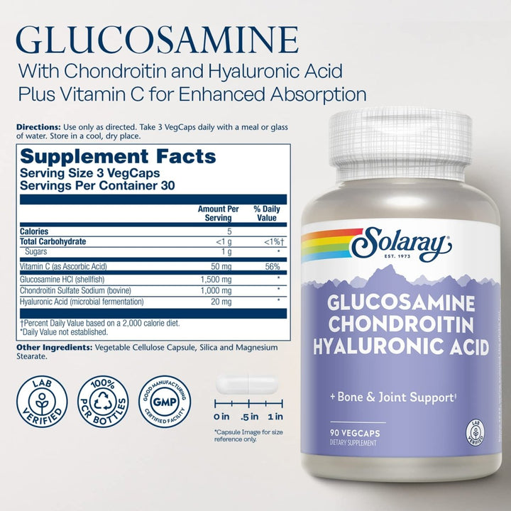 SOLARAY Glucosamine Chondroitin and Hyaluronic Acid, 1500mg/1000mg/20mg 90 Capsules - Supplement Facts panel