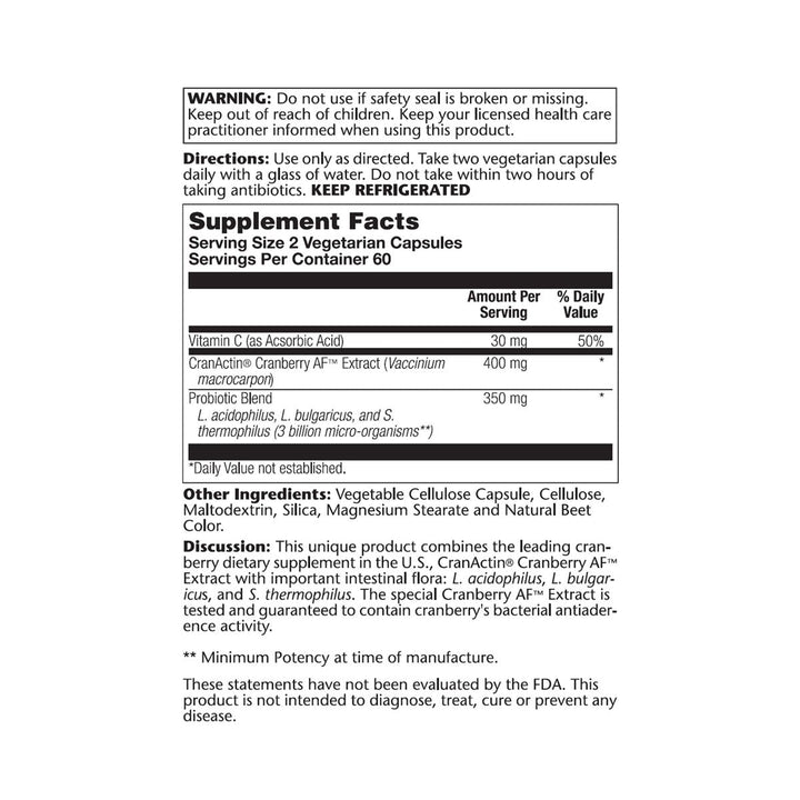 SOLARAY CranDophilus, Veg Cap (Btl-Plastic) 120ct  00844 - Supplement Facts panel