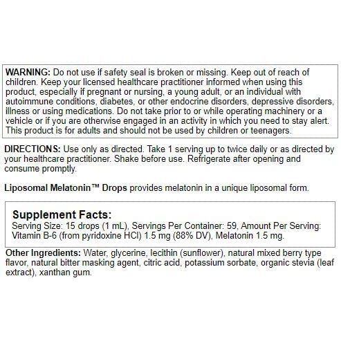 Nutra BioGenesis - Liposomal Melatonin - Melatonin and Vitamin B6 for Sleep Support - Liquid, Non-Habit Forming, Gluten Free - 2 Ounce - Supplement Facts panel