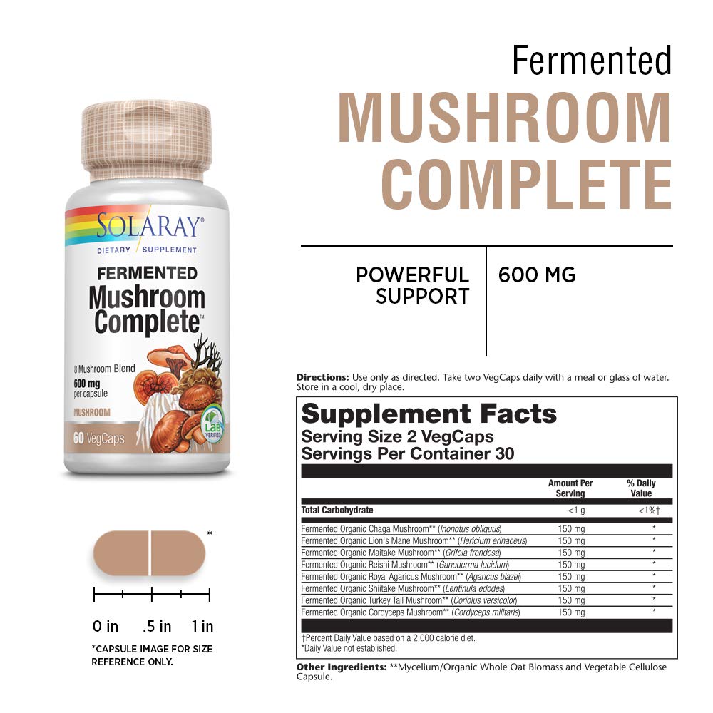 Solaray Fermented Mushroom Complete 1200 mg | Healthy Immune Function Support | 30 Serv | 60 VegCaps - Supplement Facts panel