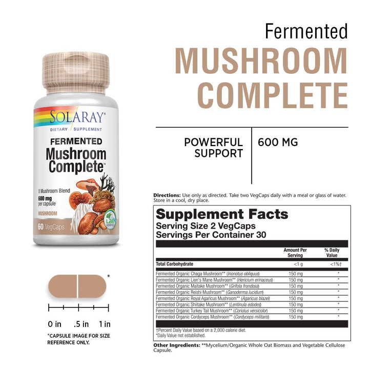 Solaray Fermented Mushroom Complete 1200 mg | Healthy Immune Function Support | 30 Serv | 60 VegCaps - Supplement Facts panel