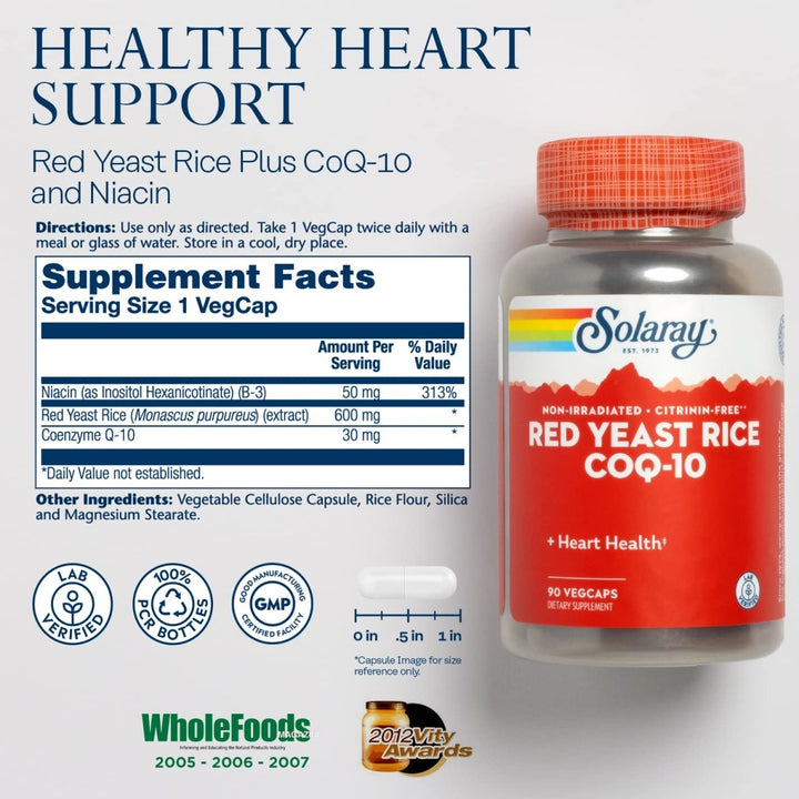 Solaray Red Yeast Rice Plus CoQ-10 &amp; No-Flush Niacin Vitamin B-3, Healthy Heart &amp; Cardiovascular Support, Non-Irradiated &amp; Citrinin Free, 60 Day Money Back Guarantee, 90 Servings, 90 VegCaps - Supplement Facts panel