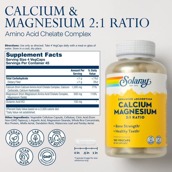 Solaray Calcium and Magnesium AAC Capsules, 180 Count (Packaging May Vary) - Supplement Facts panel