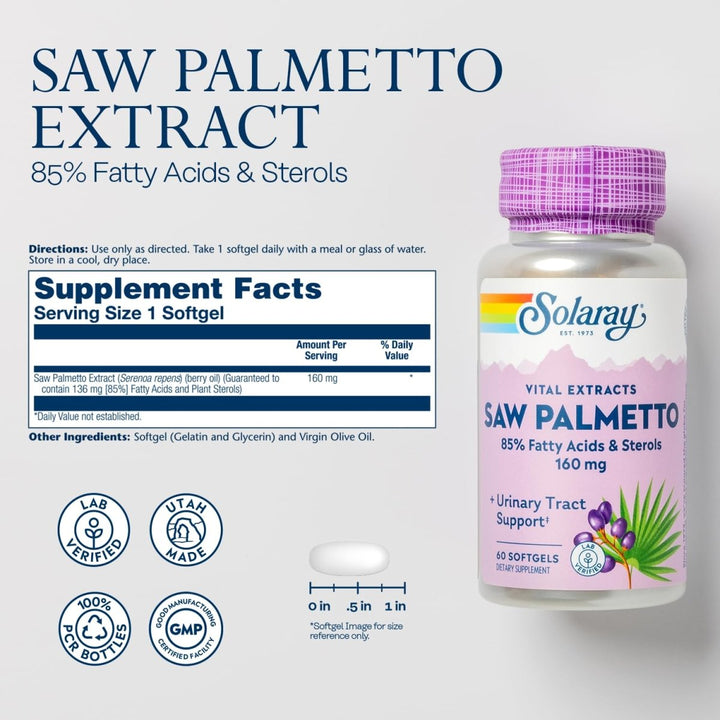 SOLARAY Saw Palmetto Extract - Prostate Health and Urinary Tract Support - 136 mg Fatty Acids and Sterols - Lab Verified, 60-Day Money-Back Guarantee (60 Servings, 60 Softgels) - Supplement Facts panel
