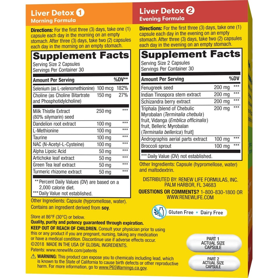 Renew Life Adult Cleanse - Liver Detox - 2-Part, 30-Day Program - Gluten &amp; Dairy Free - 120 Vegetarian Capsules (Package May Vary) - Supplement Facts panel