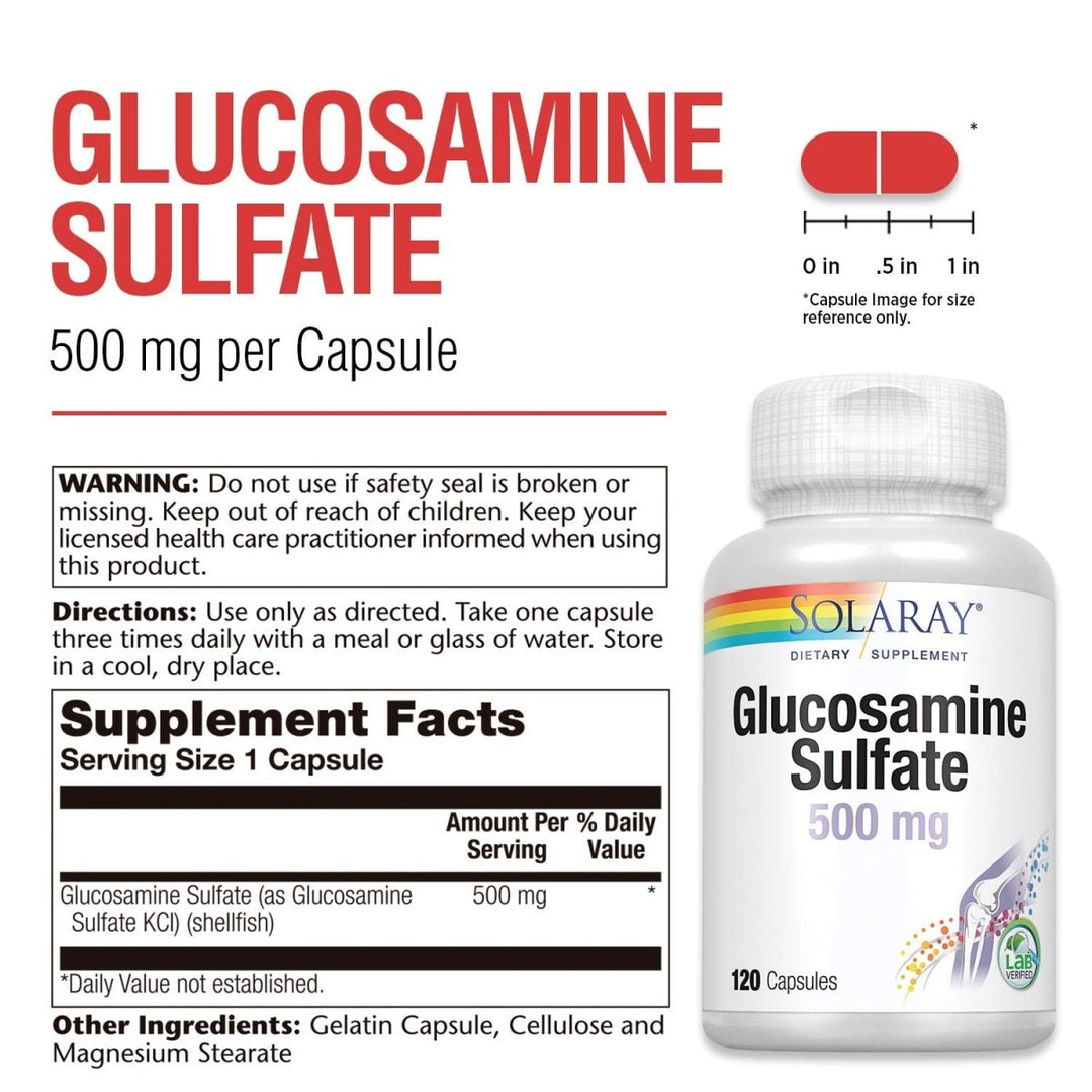 SOLARAY Glucosamine Sulfate 500 mg | Healthy Joint Flexibility &amp; Resiliency Support (60 Serv, 120 CT) - Supplement Facts panel