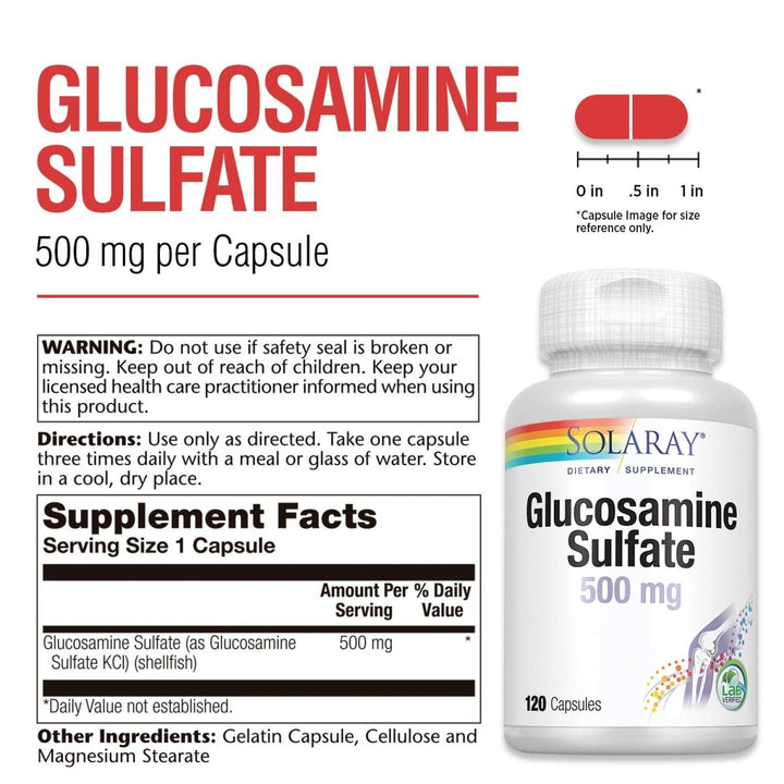 SOLARAY Glucosamine Sulfate 500 mg | Healthy Joint Flexibility &amp; Resiliency Support (60 Serv, 120 CT) - Supplement Facts panel
