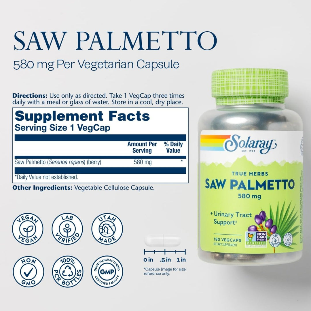 SOLARAY Saw Palmetto Berry 580 mg - 180 VegCaps - Healthy Prostate and Urinary Tract Support for Men and Women - Supplement Facts panel