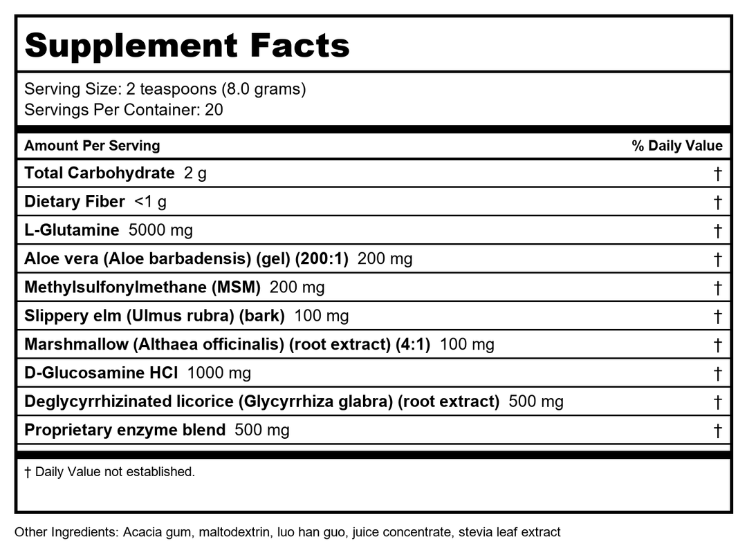 Nutra BioGenesis - Intestinal Support Complex - Slippery Elm, DGL, Marshmallow &amp; L-Glutamine for Intestinal Support - Gluten Free, Vegan, Non-GMO - 160 g - Supplement Facts panel