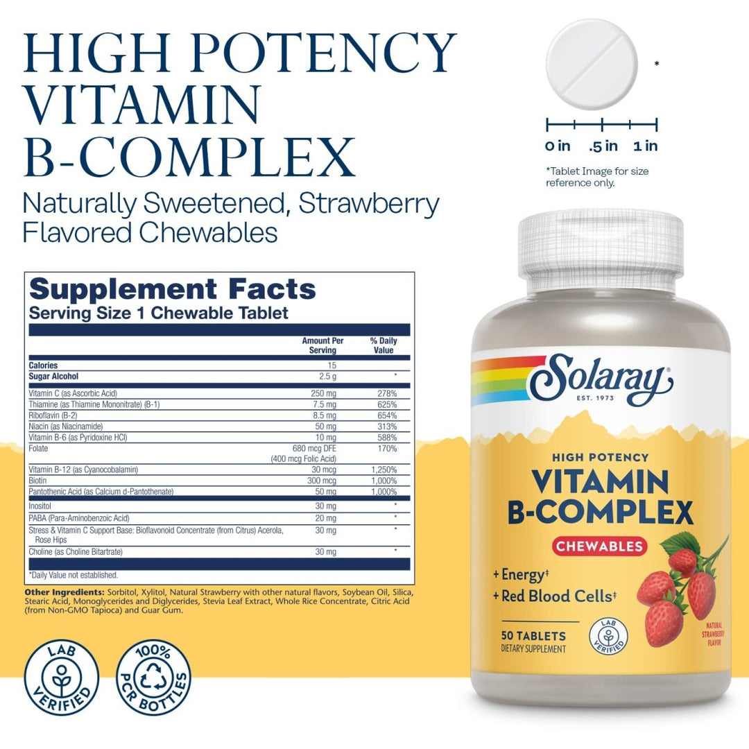 Solaray, High Potency B-Complex Chewable, Natural Strawberry Flavor, 50 Chewables - Supplement Facts panel