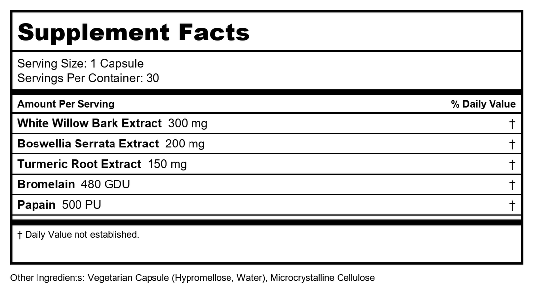 Nutra BioGenesis - White Willow Forte - White Willow Bark, Boswellia and Turmeric to Help Support Body Comfort and Cytokine Balance 10253 - 30 Capsules - Supplement Facts panel
