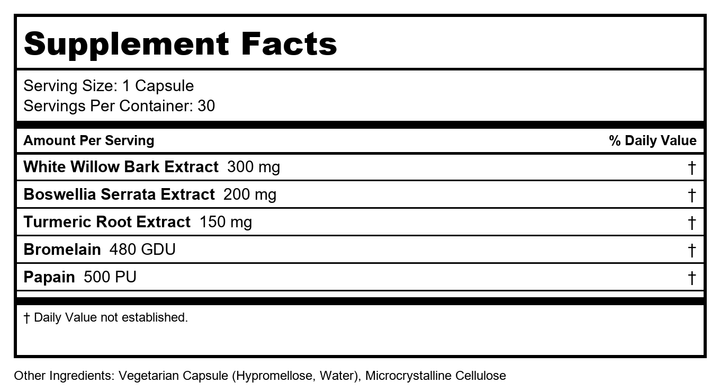 Nutra BioGenesis - White Willow Forte - White Willow Bark, Boswellia and Turmeric to Help Support Body Comfort and Cytokine Balance 10253 - 30 Capsules - Supplement Facts panel