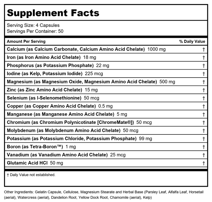 Solaray Mega Multi Mineral, 200 Capsules - Supplement Facts panel