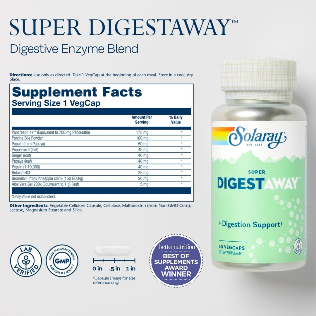 SOLARAY Super Digestaway Digestive Enzymes - Pancreatin, Papain, Ginger, Pepsin, Betaine HCl, Aloe Vera, and More - Digestion &amp; Nutrient Absorption Support - Lab Verified - 60 VegCaps - Supplement Facts panel
