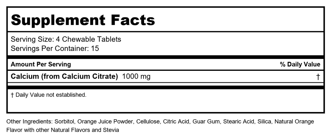 Solaray Calcium Citrate 1000 mg - Natural Orange Flavor 60 Chewables - Supplement Facts panel