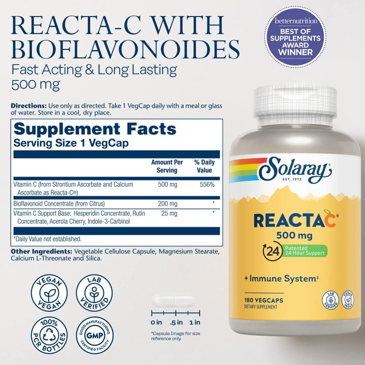 SOLARAY Reacta C with Bioflav Vitamin Capsules, 500 mg 180 Count - Supplement Facts panel