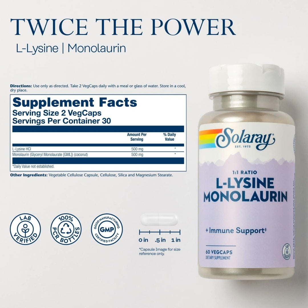 Solaray L-Lysine Monolaurin Immune Support - Powerful Formula for Optimal Immune System Function - 60 VegCaps - Supplement Facts panel