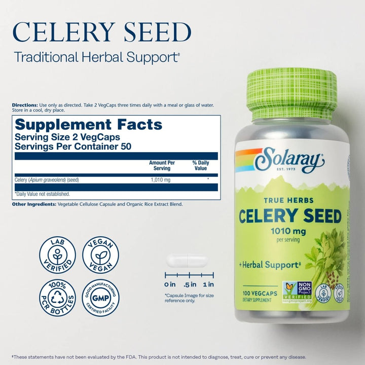 Solaray Celery Seed 1010 mg, Traditional Liver, Water Balance, and Joint Support, Whole Celery Seeds with Phytochemicals and Flavonoids, Vegan, Lab Verified, 60-Day Money-Back Guarantee, 50 Servings, 100 VegCaps - Supplement Facts panel
