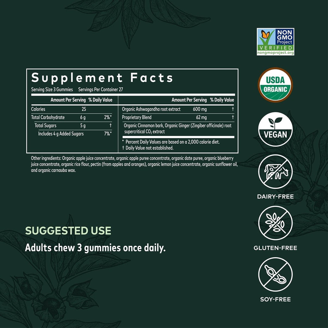 Gaia Herbs Organic Ashwagandha Gummies, Stress Support, Cinnamon, Ginger, Gluten Free, Vegan, 81 Count - Supplement Facts panel