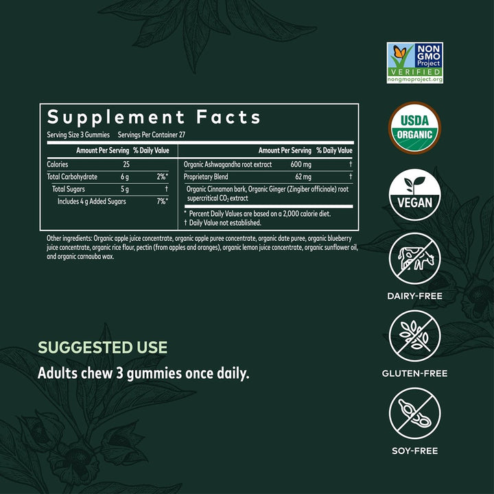 Gaia Herbs Organic Ashwagandha Gummies, Stress Support, Cinnamon, Ginger, Gluten Free, Vegan, 81 Count - Supplement Facts panel