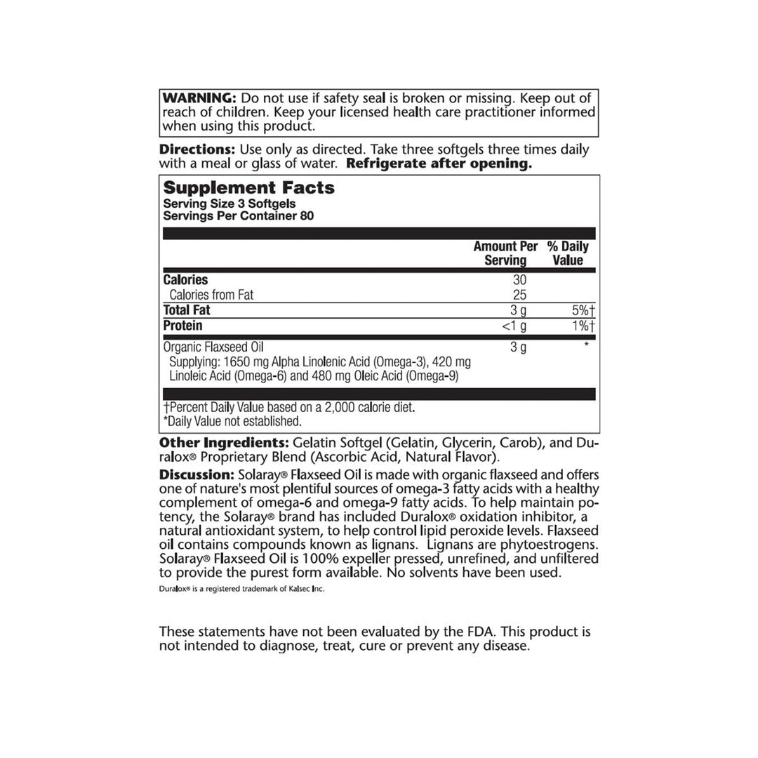 SOLARAY Flaxseed Oil Softgels - 1000mg, 240 Count - Supplement Facts panel