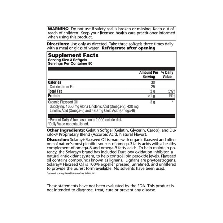 SOLARAY Flaxseed Oil Softgels - 1000mg, 240 Count - Supplement Facts panel