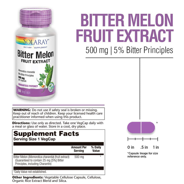 SOLARAY Bitter Melon Fruit Extract 500mg 5% Bitter Principles | Lab Verified | 60 VegCaps - Supplement Facts panel