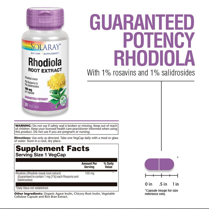 Solaray Rhodiola Root Extract 100 mg - 30 Count - Supplement Facts panel