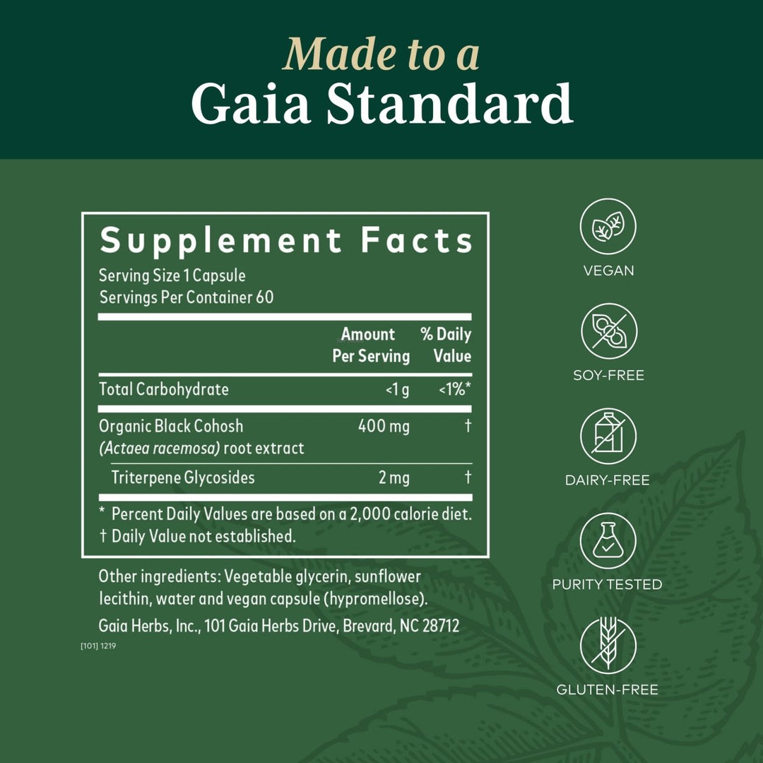 Gaia PRO Black Cohosh - Herbal Supplements for Menopause Support - Supports Hormone Balance for Women - with Organic Black Cohosh - 60 Vegan Liquid Phyto-Capsules (60 Servings) - Supplement Facts panel