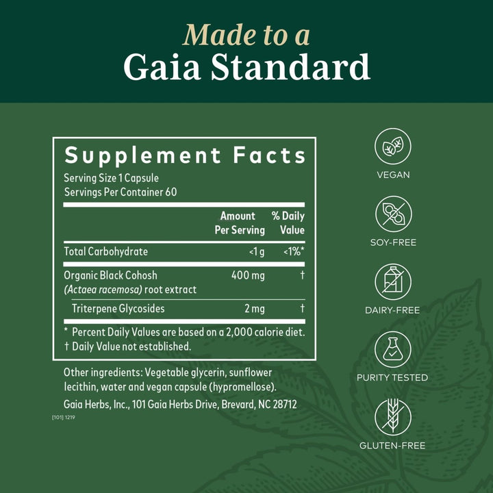 Gaia PRO Black Cohosh - Herbal Supplements for Menopause Support - Supports Hormone Balance for Women - with Organic Black Cohosh - 60 Vegan Liquid Phyto-Capsules (60 Servings) - Supplement Facts panel