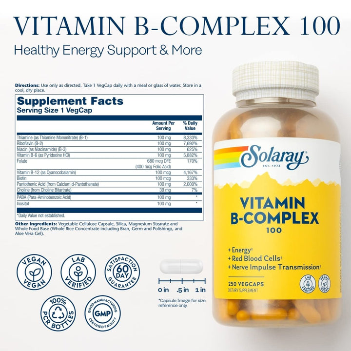 Solaray Vitamin B Complex 100 mg - Comprehensive B Vitamins for Healthy Energy and Vitality - 250 VegCaps - Supplement Facts panel