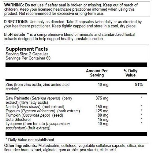 Nutra BioGenesis - BioProstate - Saw Palmetto, Beta-Sitosterol and Lycopene for Prostate Health and Urinary Tract Support - Gluten Free, Vegan - 120 Capsules - Supplement Facts panel