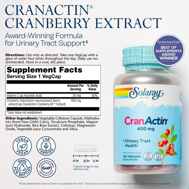 SOLARAY Cranactin Cranberry AF Extract Capsules, 400 mg, 180 Count (120 CT) - Supplement Facts panel