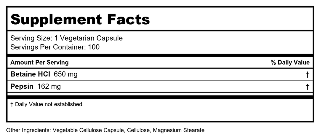 Solaray High Potency HCL + Pepsin 650 mg VCapsules, 100 Count  04814 - Supplement Facts panel
