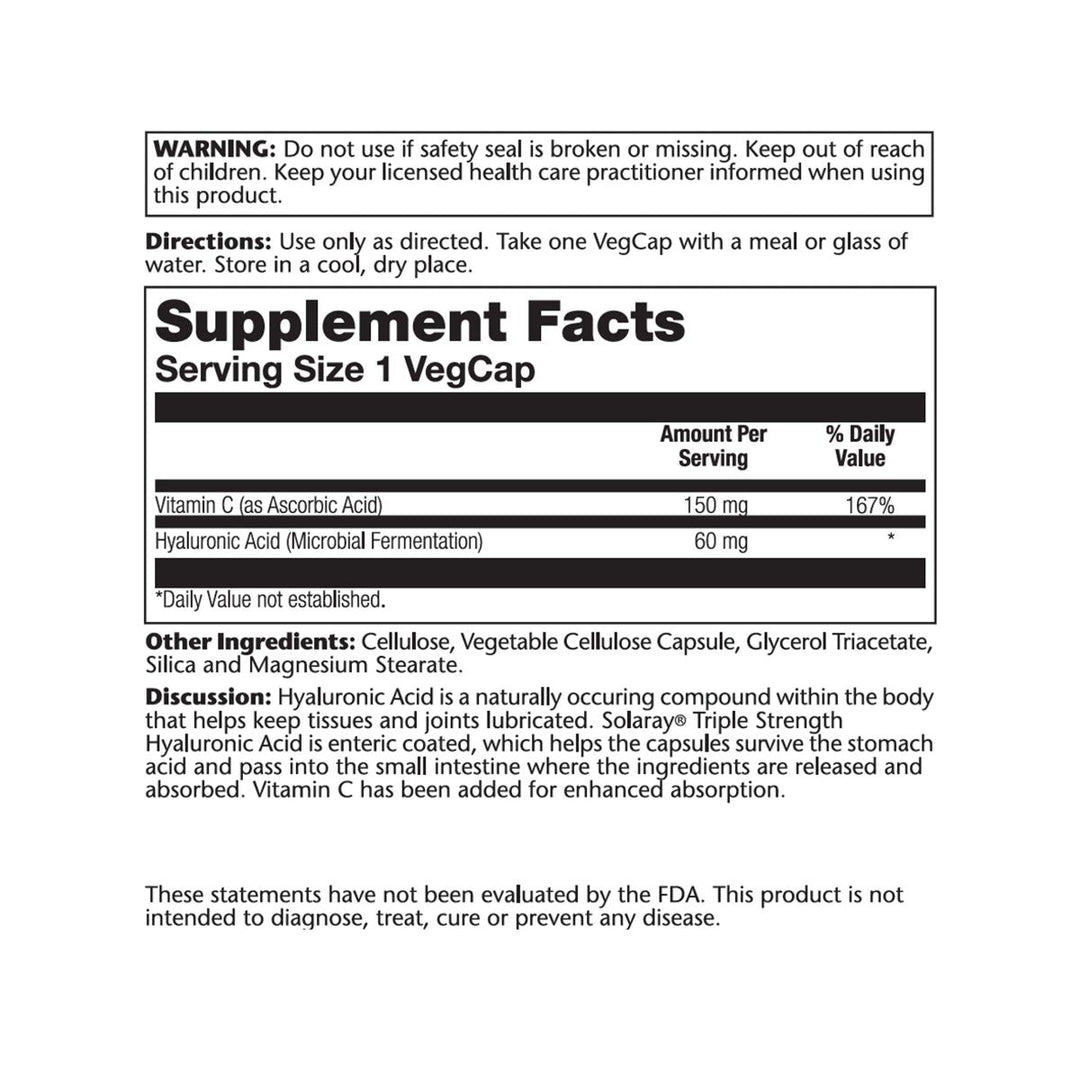 SOLARAY Triple Strength Hyaluronic Acid 60mg | 30 VegCaps - Supplement Facts panel