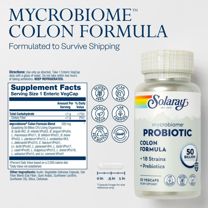 SOLARAY Mycrobiome Probiotic Colon Formula, Vegan, Digestive Function, Colon Health, and Immune System Support, 50 Billion CFU, 18 Strains, Prebiotic Inulin, 60-Day Guarantee, 30 Servings, 30 VegCaps - Supplement Facts panel