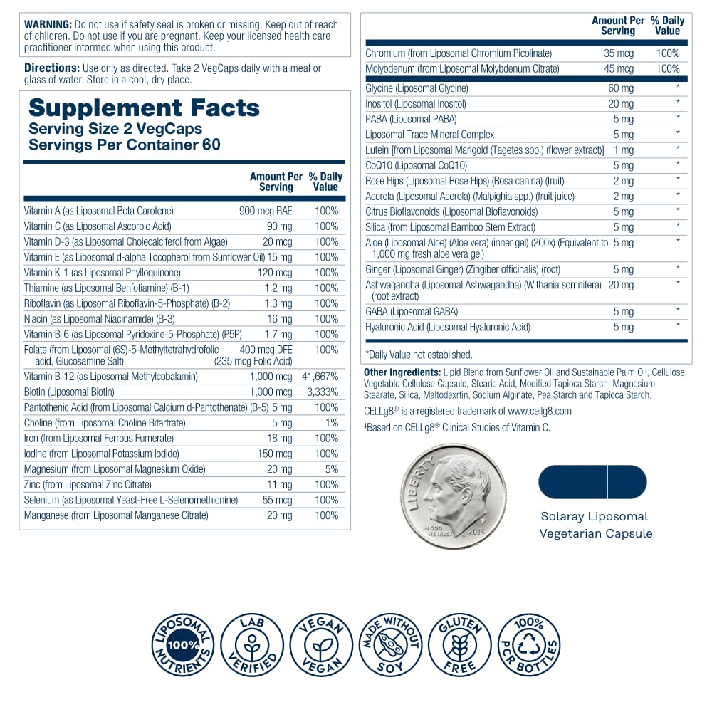 SOLARAY Liposomal Multivitamin for Women, Enhanced Absorption, High Potency w/Iron, Vitamin D, Vitamin C, B12, Biotin, CoQ10, Immune Support, Bone Health, Vegan, 60 Servings, 120 VegCaps - Supplement Facts panel