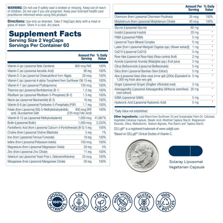 SOLARAY Liposomal Multivitamin for Women, Enhanced Absorption, High Potency w/Iron, Vitamin D, Vitamin C, B12, Biotin, CoQ10, Immune Support, Bone Health, Vegan, 60 Servings, 120 VegCaps - Supplement Facts panel