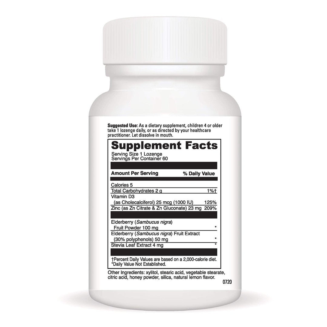 DAVINCI Little Immuni-z + Elderberry - Kids Zinc Lozenge to Support Immune Health, Healthy Lungs and Throat Tissue* - with Vitamin D3, Zinc, Elderberry and More - Lemon Flavor - 60 Lozenges - Supplement Facts panel