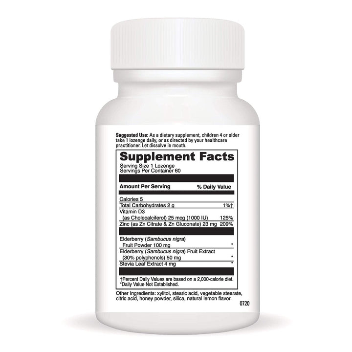 DAVINCI Little Immuni-z + Elderberry - Kids Zinc Lozenge to Support Immune Health, Healthy Lungs and Throat Tissue* - with Vitamin D3, Zinc, Elderberry and More - Lemon Flavor - 60 Lozenges - Supplement Facts panel