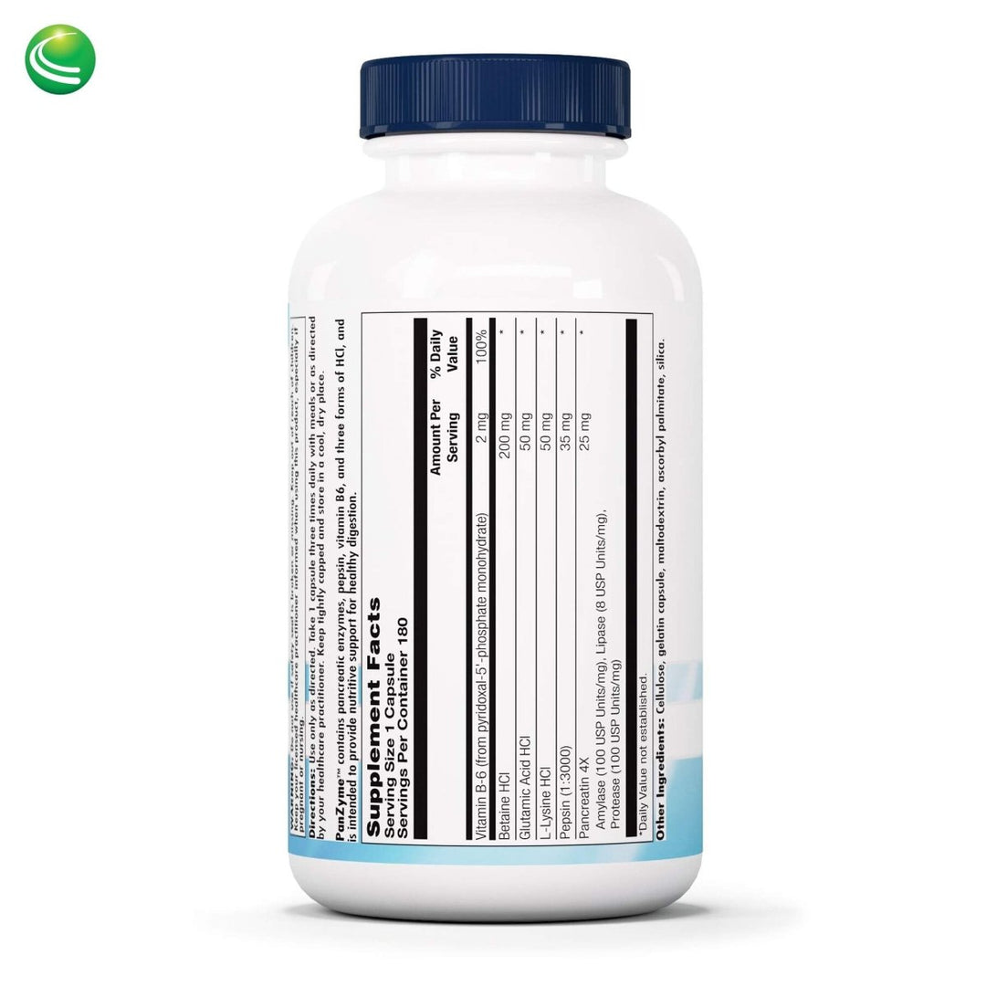 Nutra BioGenesis - PanZyme - B Vitamins, Betanine HCl, and Pancreatin as Digestive Enzymes for Digestive Health - 180 Capsules - Supplement Facts panel