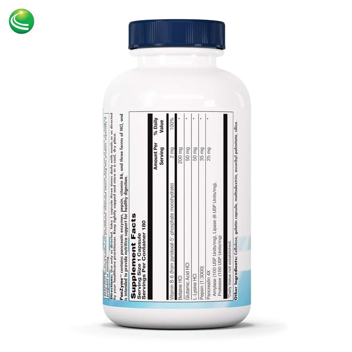 Nutra BioGenesis - PanZyme - B Vitamins, Betanine HCl, and Pancreatin as Digestive Enzymes for Digestive Health - 180 Capsules - Supplement Facts panel