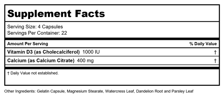 Solaray - Calcium Citrate with Vitamin D3 1000 mg. - 90 Capsules - Supplement Facts panel
