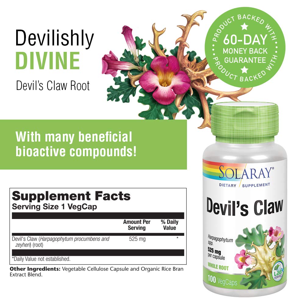 SOLARAY Devils Claw Root 525mg | Non-GMO, Vegan &amp; Lab Verified | 100 VegCaps - Supplement Facts panel