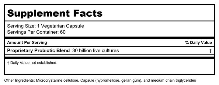 RENEW LIFE Ultimate Flora Adult 50+ Probiotic 30 Billion, 60 CT - Supplement Facts panel